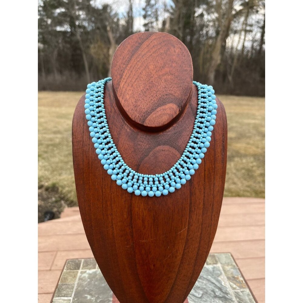 Vintage 1940's Handmade Egg Shell Blue Beaded Collar Necklace Woven Various Size